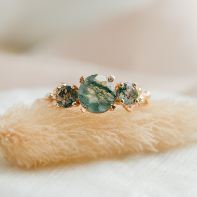 Ring with round green moss agate BACCHUS