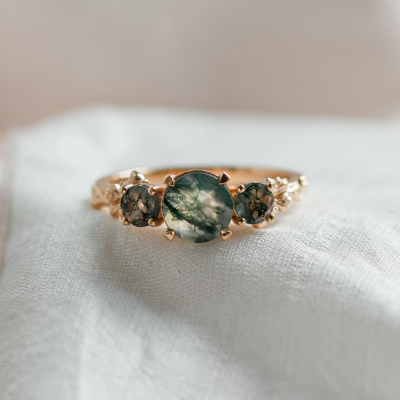 Ring with round green moss agate BACCHUS