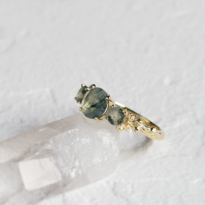 Ring with round green moss agate BACCHUS