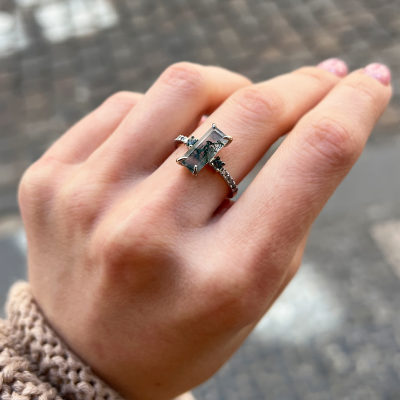 Elegant ring with moss agate and diamonds CARA