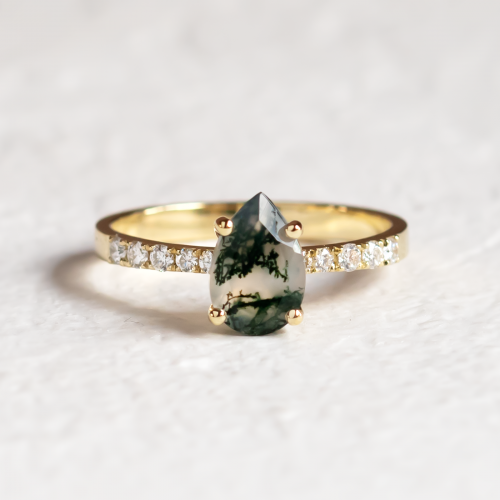 Gold ring with pear moss agate and diamonds EALGA