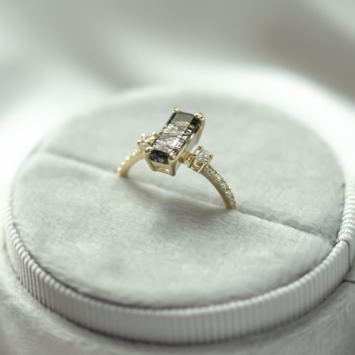 Gold ring with rutilated quartz and diamonds LIAM