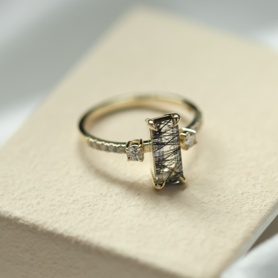 Gold ring with rutilated quartz and diamonds LIAM