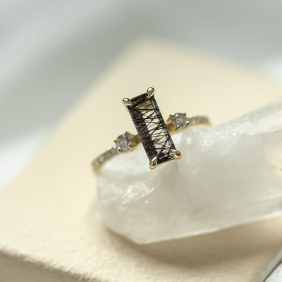 Gold ring with rutilated quartz and diamonds LIAM