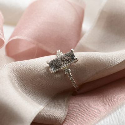 Zlatý prsten s baguette rutilovým křišťálem a diamanty LIAM
