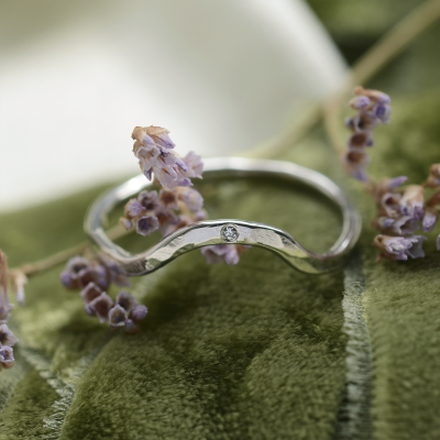Hammered curvy wedding ring with diamond ASHLING