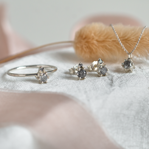 Gold jewelry set with salt and pepper diamonds in cluster style RILEY