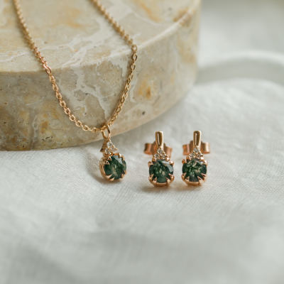 Moss agate and diamond jewellery set TALIA