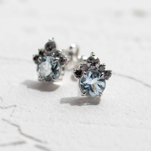 Gold aquamarine and salt & pepper diamond earrings BELLA