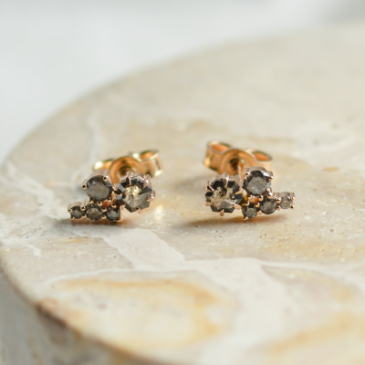 Gold cluster earrings with salt and pepper diamonds CALLA