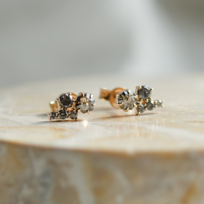 Gold cluster earrings with salt and pepper diamonds CALLA