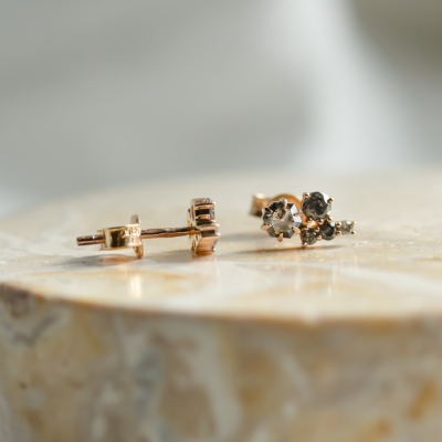 Gold cluster earrings with salt and pepper diamonds CALLA