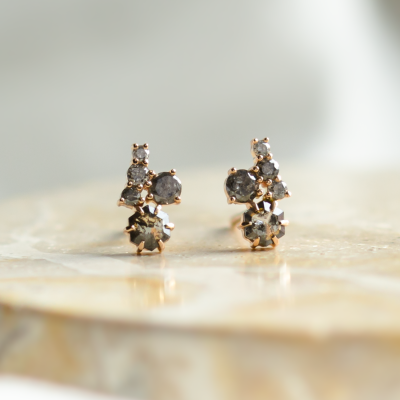 Gold cluster earrings with salt and pepper diamonds CALLA