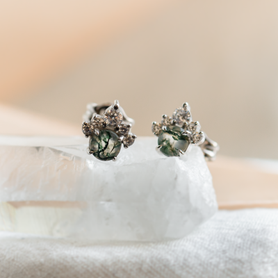 Gold earrings with moss agate and diamonds JASMINE
