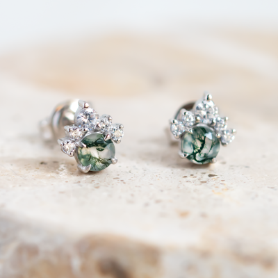 Zlaté náušnice s mechovým achátem a diamanty JASMINE