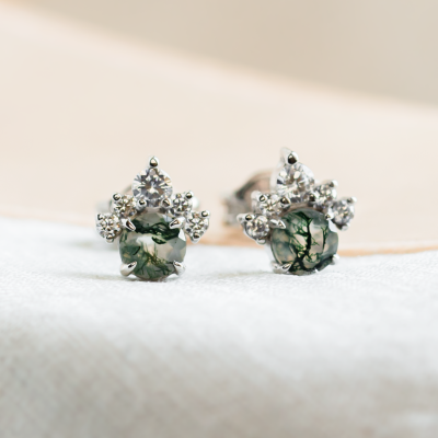 Gold earrings with moss agate and diamonds JASMINE