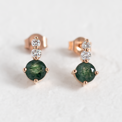 Simple gold earrings with moss agates and diamonds LILIBET