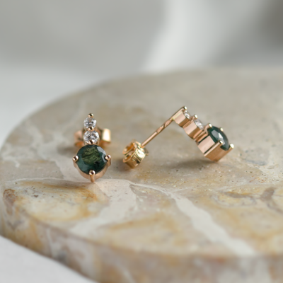 Simple gold earrings with moss agates and diamonds LILIBET