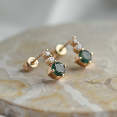 Simple gold earrings with moss agates and diamonds LILIBET