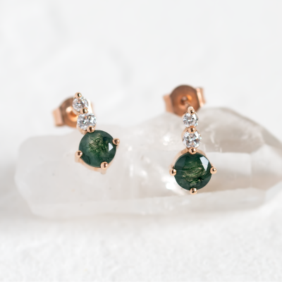 Simple gold earrings with moss agates and diamonds LILIBET