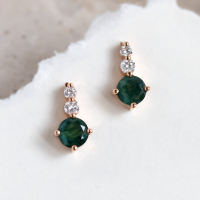 Simple gold earrings with moss agates and diamonds LILIBET