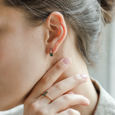 Simple gold earrings with moss agates and diamonds LILIBET