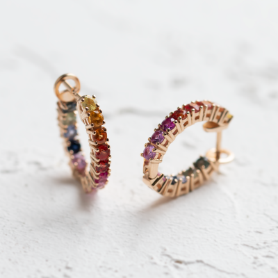 Rainbow sapphire hoop earrings 14K gold MOSAICA