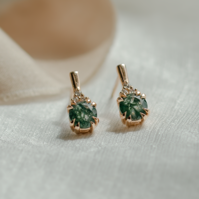 Gold earrings with moss agate and diamonds TIA