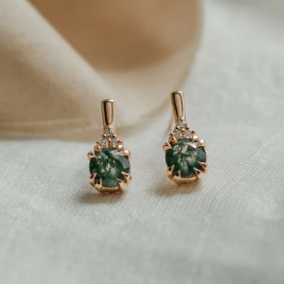 Gold earrings with moss agate and diamonds TIA