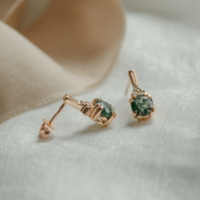 Gold earrings with moss agate and diamonds TIA