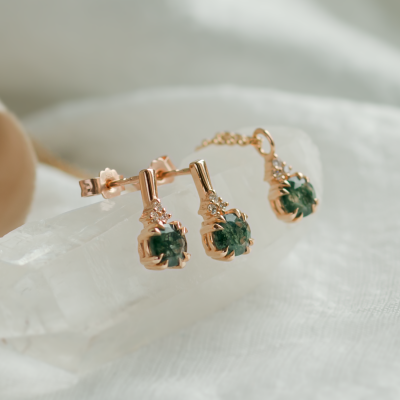 Gold earrings with moss agate and diamonds TIA