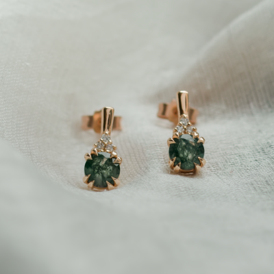 Gold earrings with moss agate and diamonds TIA