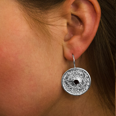 Unique Mayan Calendar Sterling Silver Earrings With Bohemian Garnet