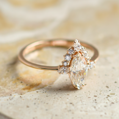 Luxury engagement ring with marquise moissanite and side moissanites ANNIE