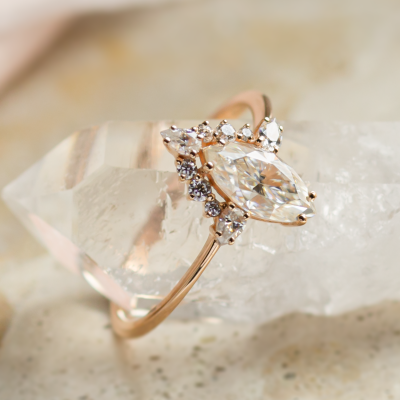 Luxury engagement ring with marquise moissanite and side moissanites ANNIE