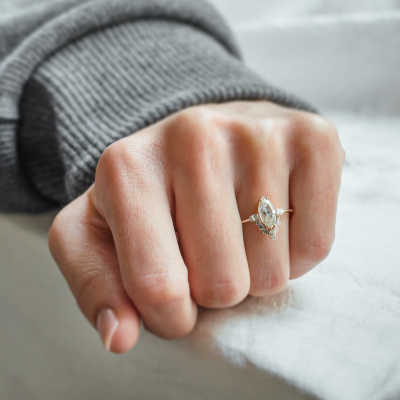 Luxury engagement ring with marquise moissanite and side moissanites ANNIE