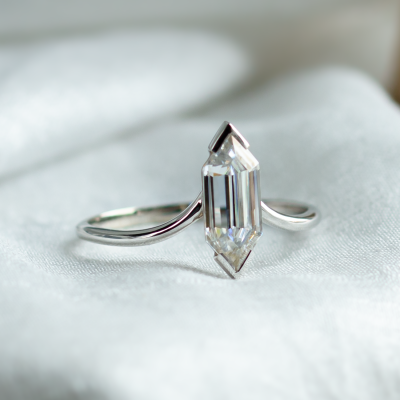 Unusual geometric ring with long hexagon cut moissanite ANYA