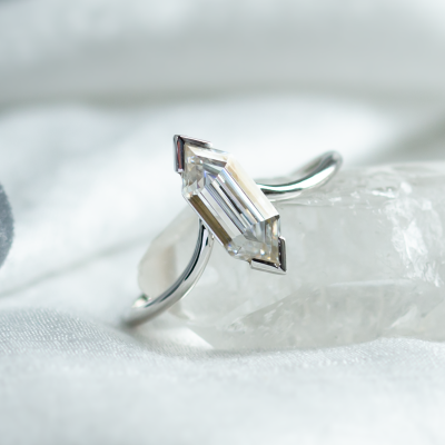 Unusual geometric ring with long hexagon cut moissanite ANYA