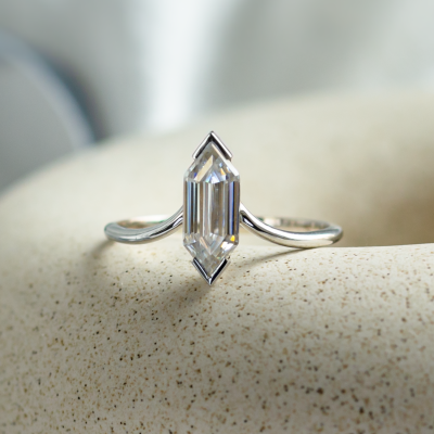 Unusual geometric ring with long hexagon cut moissanite ANYA