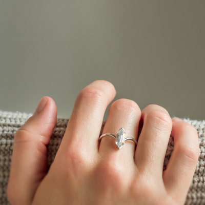 Unusual geometric ring with long hexagon cut moissanite ANYA