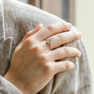 Unusual geometric ring with long hexagon cut moissanite ANYA