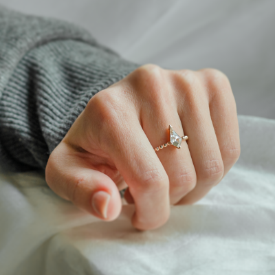 Engagement ring with beaded ball setting and kite moissanite BREEZE
