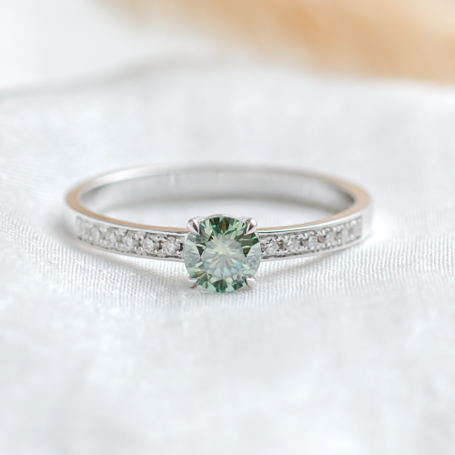 Gold teal moissanite ring with side moissanites CAPRI