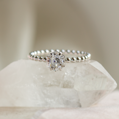 Engagement beaded ball ring with hexagon moissanite ELSIE