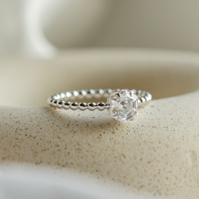 Engagement beaded ball ring with hexagon moissanite ELSIE