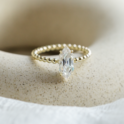 Beaded ball engagement ring with moissanite in long hexagon cut ELYSE