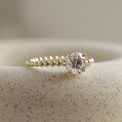 Engagement beaded ball ring with round moissanite LESLIE