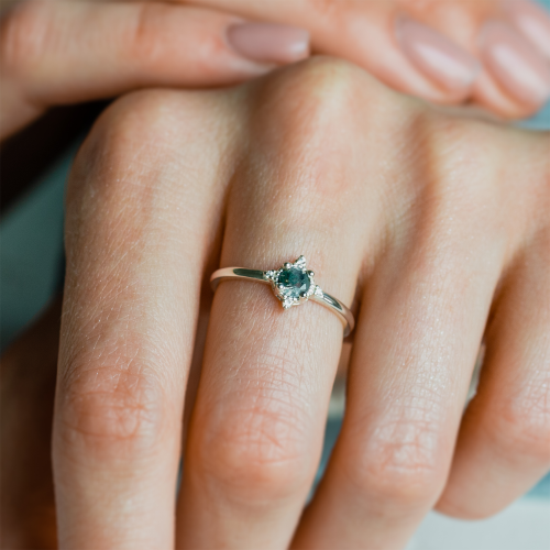 Unusual engagement ring with moss agate and diamonds ALBA