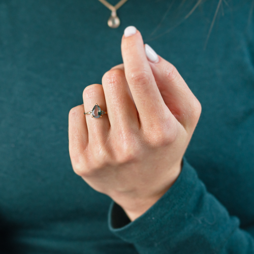 Unusual engagement ring with moss agate and diamonds ALBRUNA