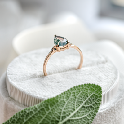 Unusual engagement ring with moss agate and diamonds ALBRUNA